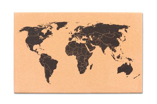 World map on cork board texture isolate on white background with clipping path