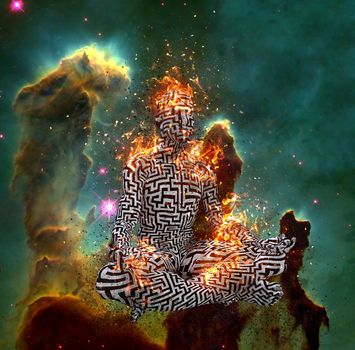 Space Meditation. Figure of man with maze pattern in lotus pose in flames. 3D rendering