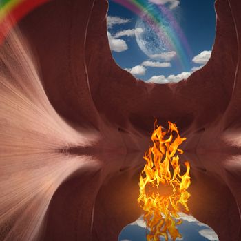 Fire in red cave. Full moon and rainbow in the sky. 3D rendering