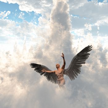 Surrealism. Man with angel wings flies in cloudy sky