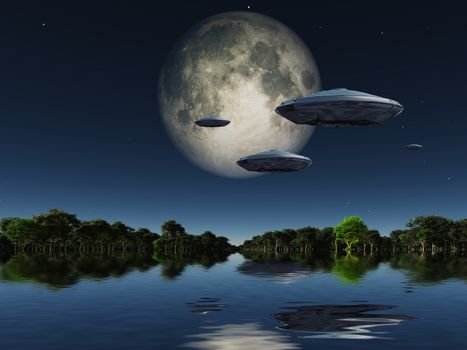 Flying saucers flies above ocean on water planet. Green forest at the horizon and full moon in the sky