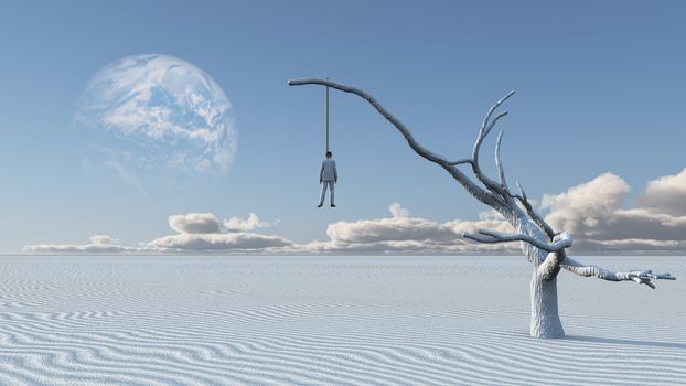Surreal white desert. Man in white suit is hanged on a dry tree.

