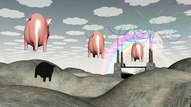 Factory and Flying Pigs. Funny landscape