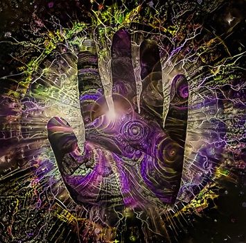Painting in vivid colors. Hand of creator. Lightnings radiates from human's palm. Ring of fire on the background
