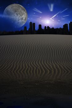 Desert city sillouettes with large clock shape and moon in sky