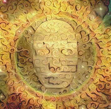 Symbolic composition in vivid colors. Mystic Golden Mask