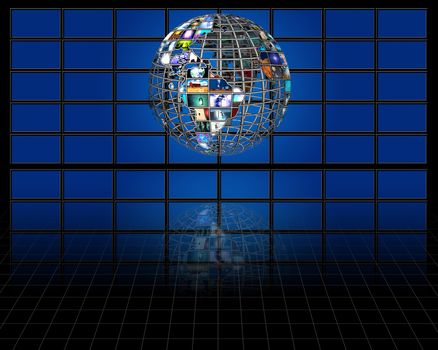 Planet earth sphere of video screens