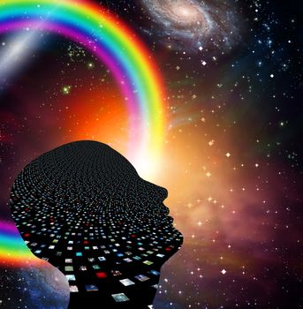 Man with many images in his mind. Vivid universe with galaxy and rainbow in space