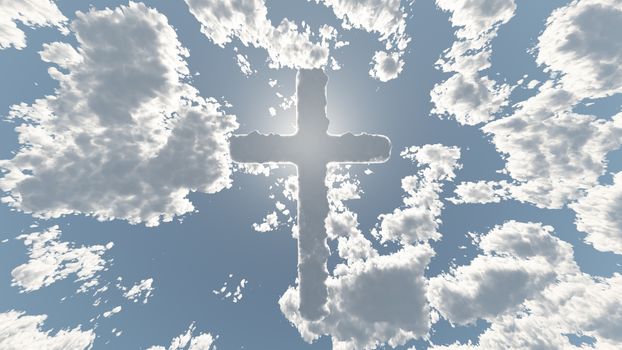 Spiritual composition. Cloud Cross in Sky. Sunshine through the clouds