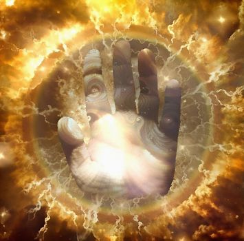 Hand of God. Lightning radiates from hand. Ring of fire on the background