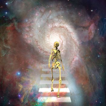 Skeleton walks to paradise. Stairs in vivid space