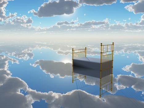 Bed in cloudy sky. Dreams