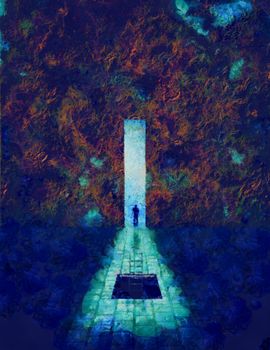 Man before great door. From darkness to light. Oil on canvas