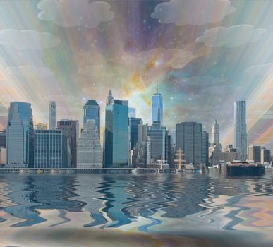 Fantasy New York City. Colorful starry sky