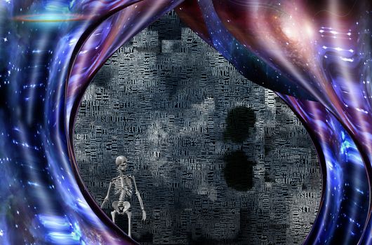 Abstract clouds of words. Skeleton symbolizes death.Warped space