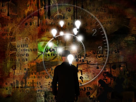 Surreal composition.Time and Ideas. Man in suit with light bulbs above head stands before spiral of time. 