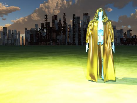 Futuristic world. Robot monk before the destroyed city