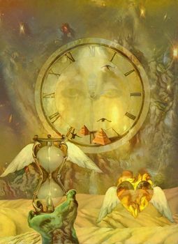 Symbolic composition. Winged hourglass and heart. Clock face and egyptian pyramids. Sands of time