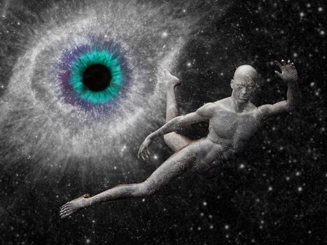 Man flying in deep space. Galaxy in eye shape