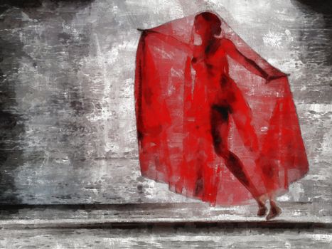 Action girl with transparent red cloth. Painting on canvas