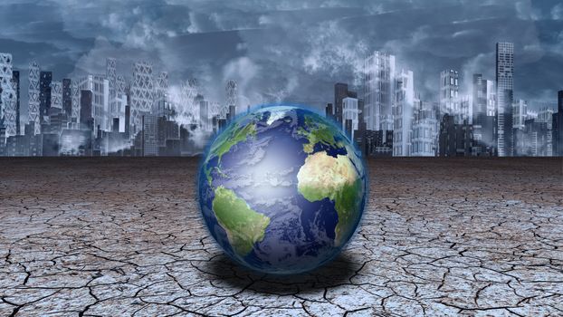 Planet Earth in dried cracked mud before metropolis