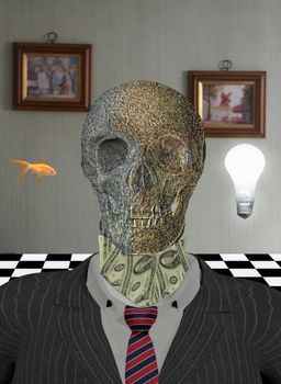 Skeleton in suit with dollars around neck. Golden fish and light bulb represents wishes and ideas.