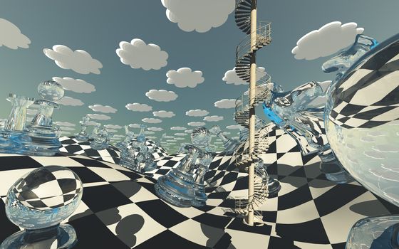 Chessboard Fantasy Landscape with circular staircase winding into sky