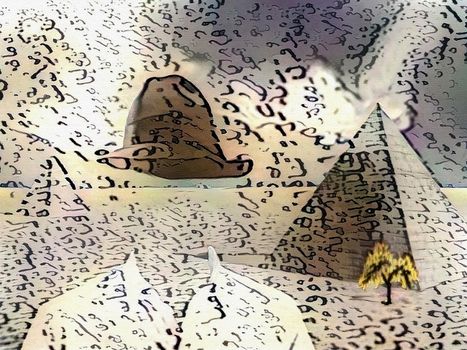 Invisible man in shirt and hat. Egyptian pyramids and burning tree