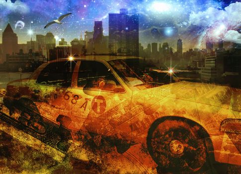 New York skyline with Yellow Cab