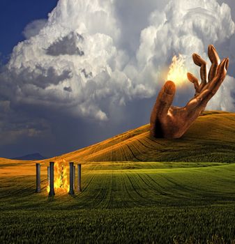 Surreal Landscape with giant sculptures and temple of fire