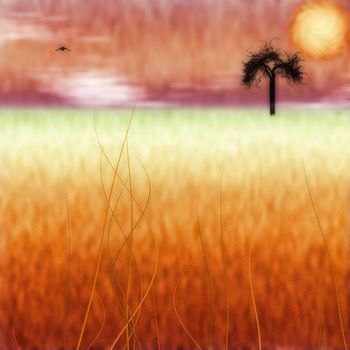 Abstract landscape. Orange sunset and lonely tree. Bird in the sky