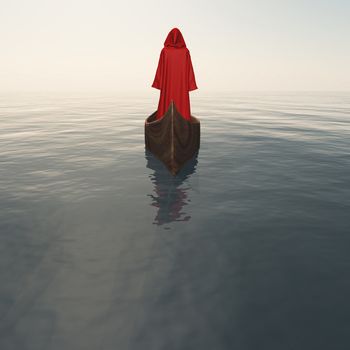 Monk in red cloak floats in the boat