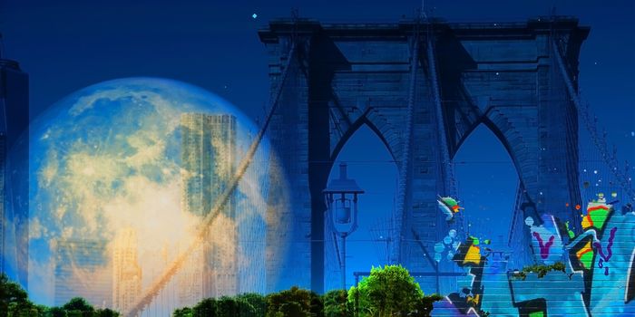 Surreal digital art. Brooklyn bridge on New York's cityscape. Giant moon.