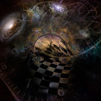 Surrealism. Face with chessboard pattern in a deep space. Figure of man on road to Heaven.