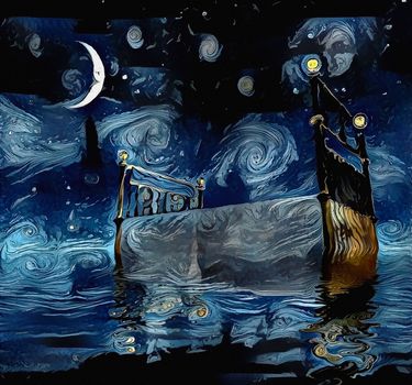 Surreal painting. Bed outside under the stars