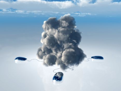 Cloud Computing Concept with Multiple Computer Mice and Cords leading into 3D Rendered Cloud
