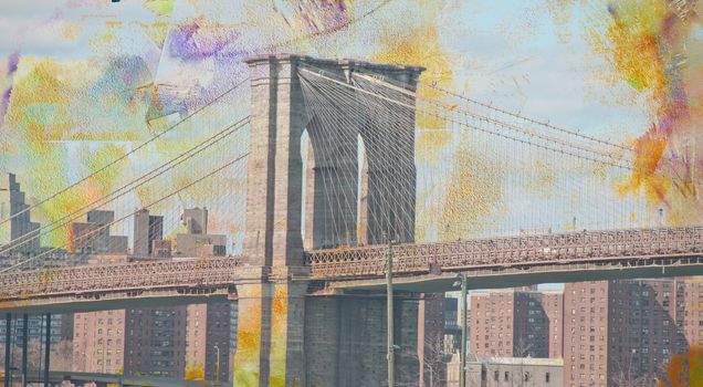 Modern art. Brooklyn bridge, view on downtown.