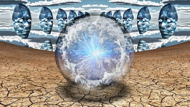 Surrealism. Crystal ball with electric charge and clouds in arid land. Masks hovers in the sky.