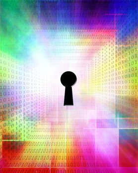 Modern art. Keyhole and binary code on a background.