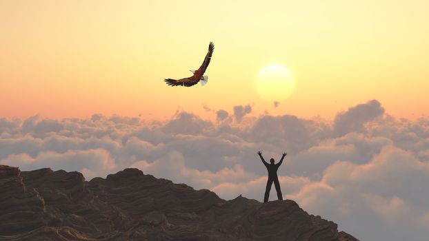 Man on a mountain peak. Eagle flies above clouds.
