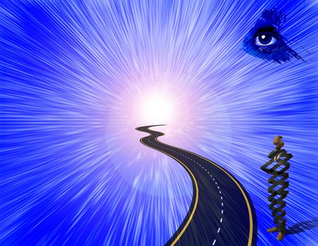 Road to God's Eye. Surreal figure of businessman, helix shape