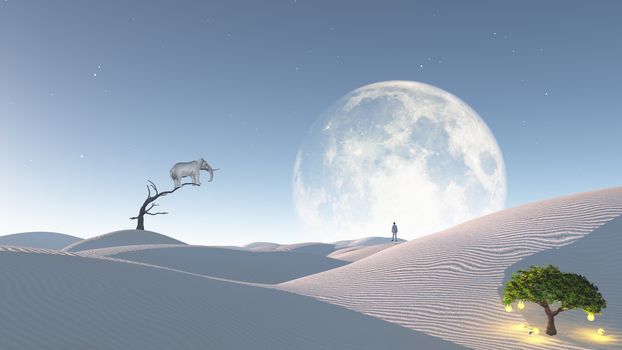 Elephant stands on thin branch of withered tree in surreal landscape with idea tree. Man levitates over sand dunes