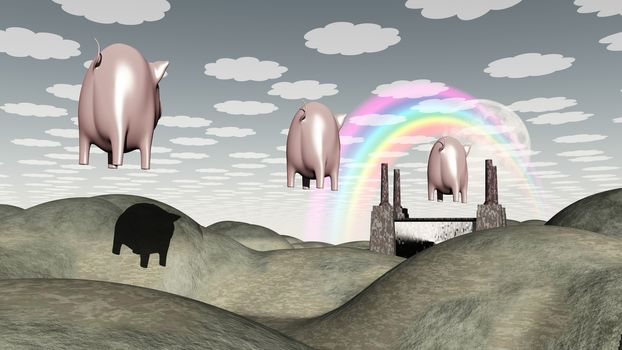 Symbolic composition. Flying Pigs. Power plant  in the green hills