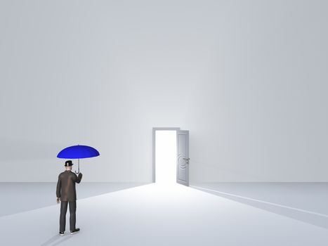 Man with umbrella in pure white room with open door