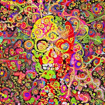 Abstract colorful painting. Ornate decorated skull