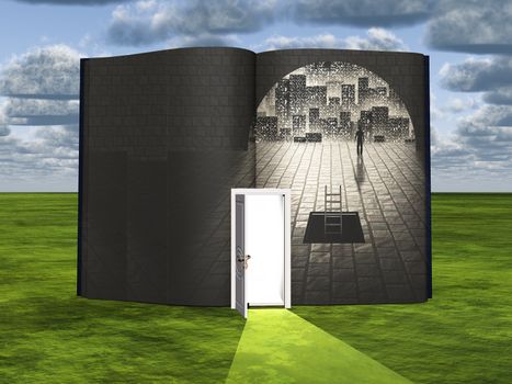Surrealism. Book with opened door and figure of man in stone tunnel.