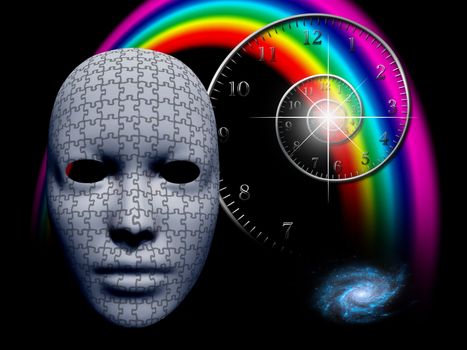 Puzzle mask and time spiral. Rainbow and galaxy