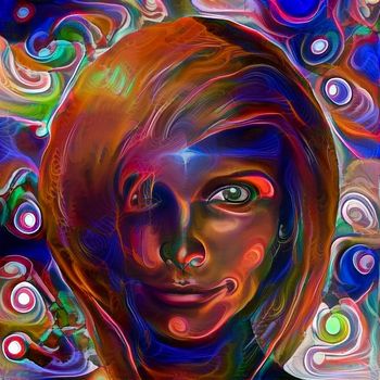 Colorful painting. Womans face on abstract vivid background