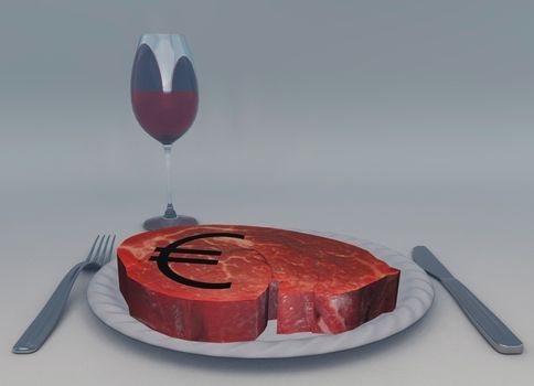 Raw meat and glass of wine. Euro sign.