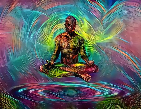 Man hovering above water in lotus pose. Colorful background. Meditation